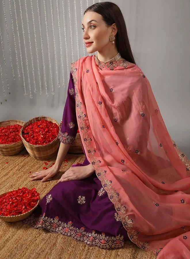 globus Women Purple Floral Embroidered Straight Kurta with Pant and Contrast Dupatta Set